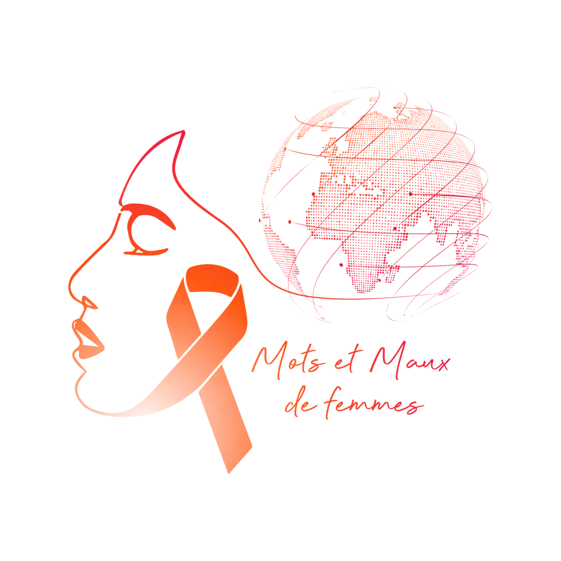 Emblem of Mots et Maux de Femmes: a woman's profile, an orange ribbon and the globe